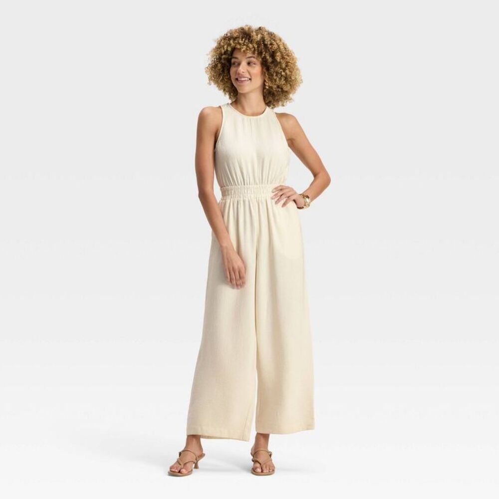 Sleeveless Cream Wide-Leg Jumpsuit